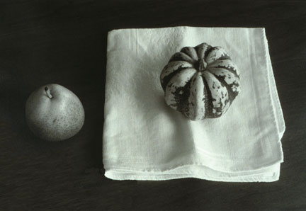 Round Squash on Napkin with Pear